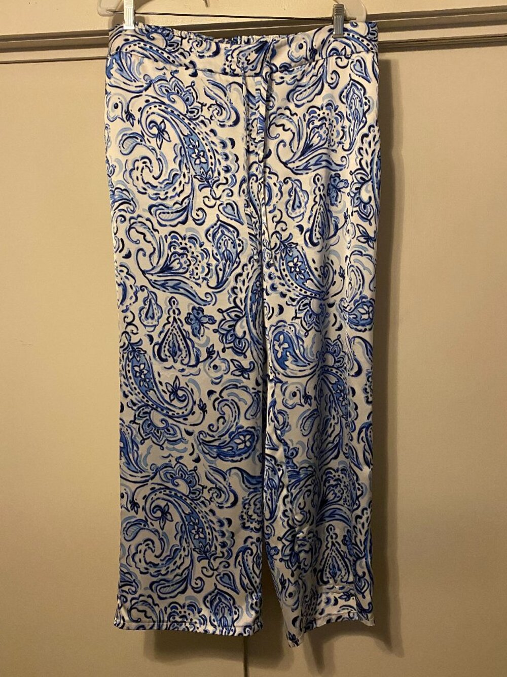 Talbots, white, silk-like pants w/blue paisley designs, size 1X